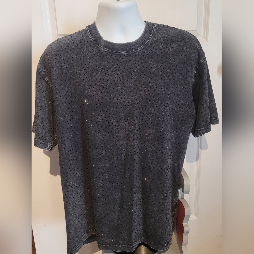 Womens Washed Black Crewneck T-Shirt With Black Crystals